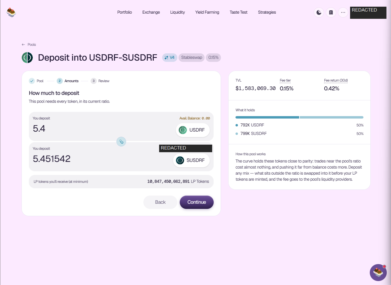 SundaeSwap USDrf/sUSDrf deposit
